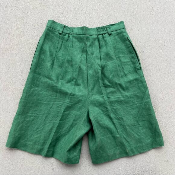 Vintage 90s Alexander Campbell 100% Linen green high waist pleated shorts - Picture 2 of 5